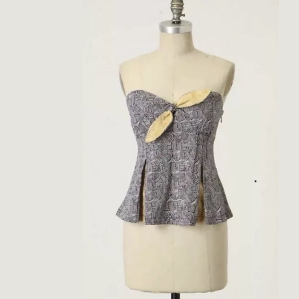 Anthro ODILLE Force Field Strapless Top Blouse Blue White Yellow Bow Tie Front